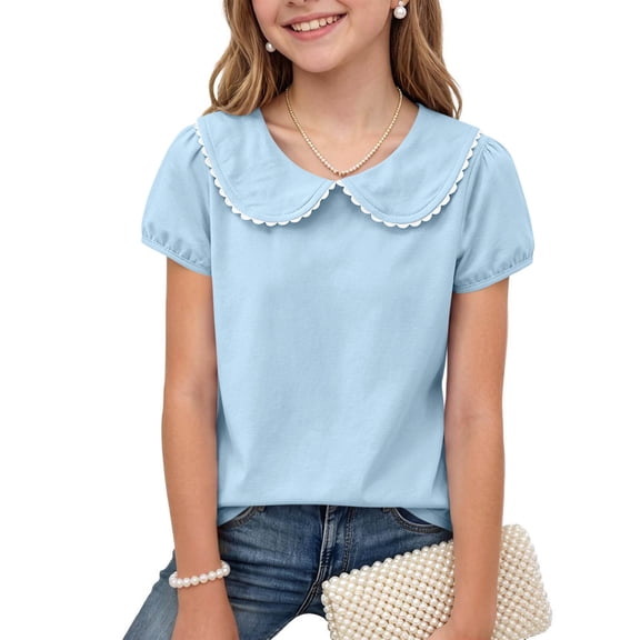 ATORRE Toddler Girls Preppy Shirts Stylish Solid Color Peter Pan Collar Short Sleeve Blouse Summer Casual Loose Basic Tops Back to School Uniform Sky Blue 5-6 Years
