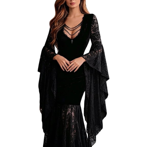 IWRICH Women's Gothic Velvet Lace Patchwork Maxi Dress Sheer Lace Sleeves Long Bell Dresses Chain V-Neck Halloween Party Outfits Black S