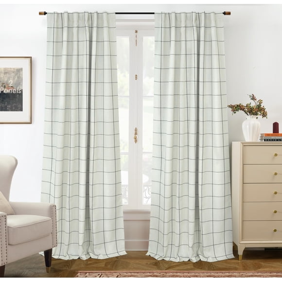 Cortinas DriftAway, 2 paneles, 100% lino opaco, a cuadros, 213 x 132 cm