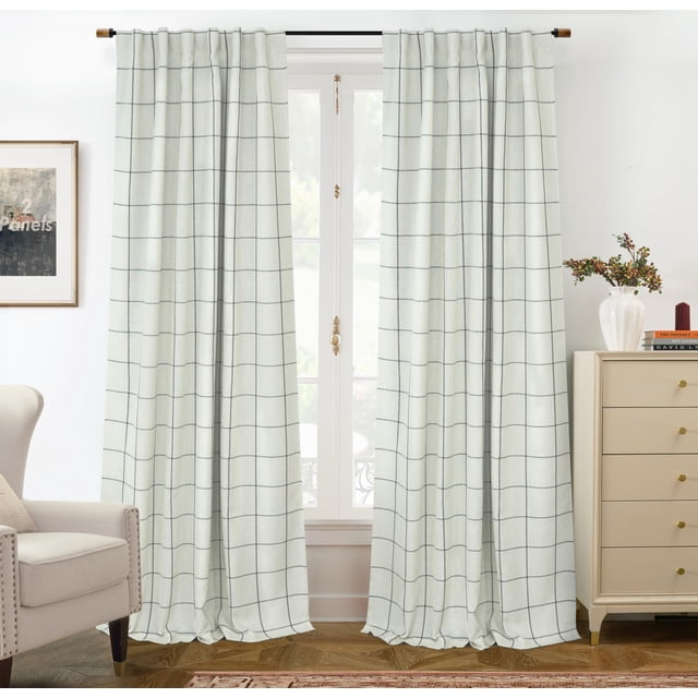 Cortinas DriftAway, 2 paneles, 100% lino opaco, a cuadros, 213 x 132 cm