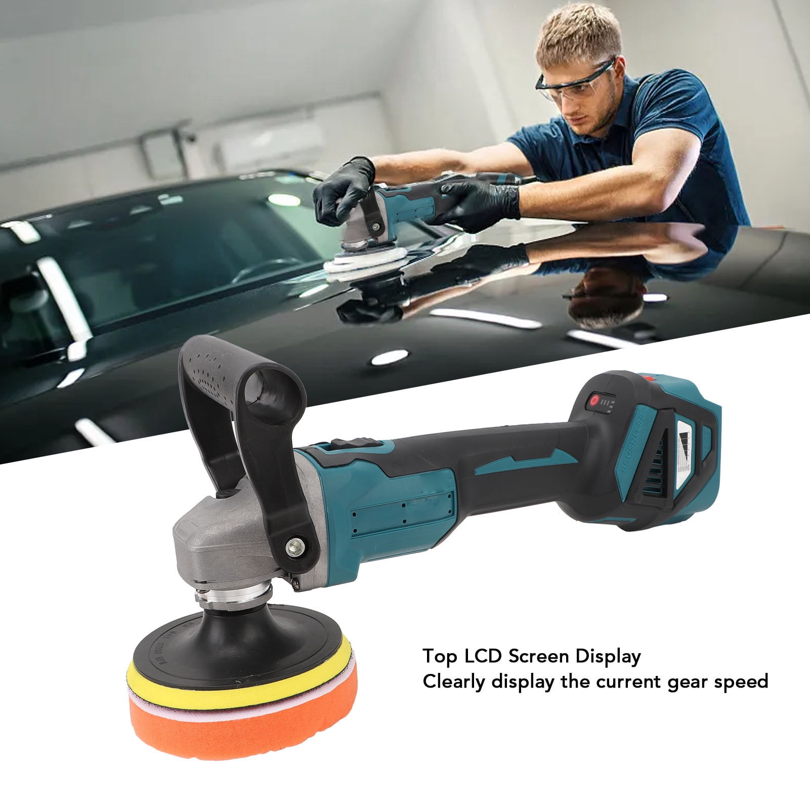 Rupoun Cordless Buffer Polisher 6 Variable Speed 18V Battery Powered Brushless Dual Action Car Grinding Machine 5-Inch Kit for Detailing Waxing (14.5 in / 37 cm)
