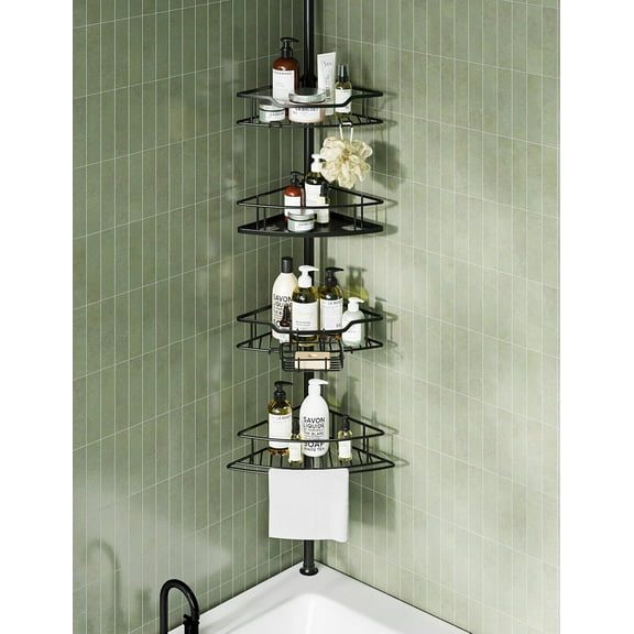 Corner Shower Caddy Tension Pole, 4-Tier Rustproof Shower Shelves for Bathtub Shampoo Storage, 51-121 Inch Adjustable Shower Tension Rod Organizer, Black