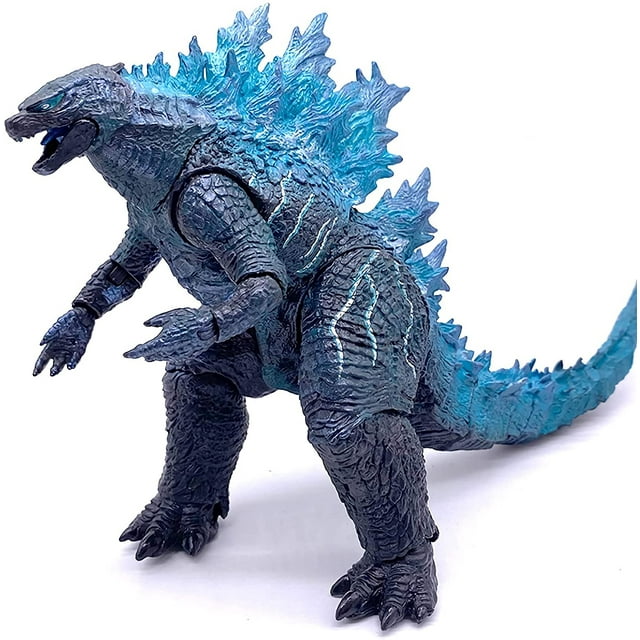1 uds. modelo godzilla de goma suave (versión de la película godzilla (enviar aliento azul)) figura de acción gris de 12 pulgadas en vista 3/4 frontal. Boca abierta y textura escamosa marcada; aletas dorsales translúcidas azules que representan aliento atómico, más de 25 puntos de articulación y cola desmontable; fondo blanco; adecuada como pieza de coleccionables.
