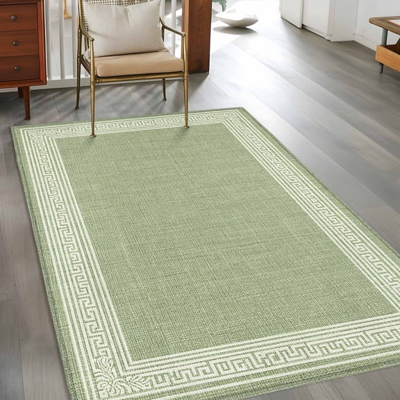 Sage Green Abstract Art 3x5 Rug for Bedroom Foot of Bed Small Living Room, Greek Key Vintage Linen Geometric Washable Non Slip Rectangle Area Rug