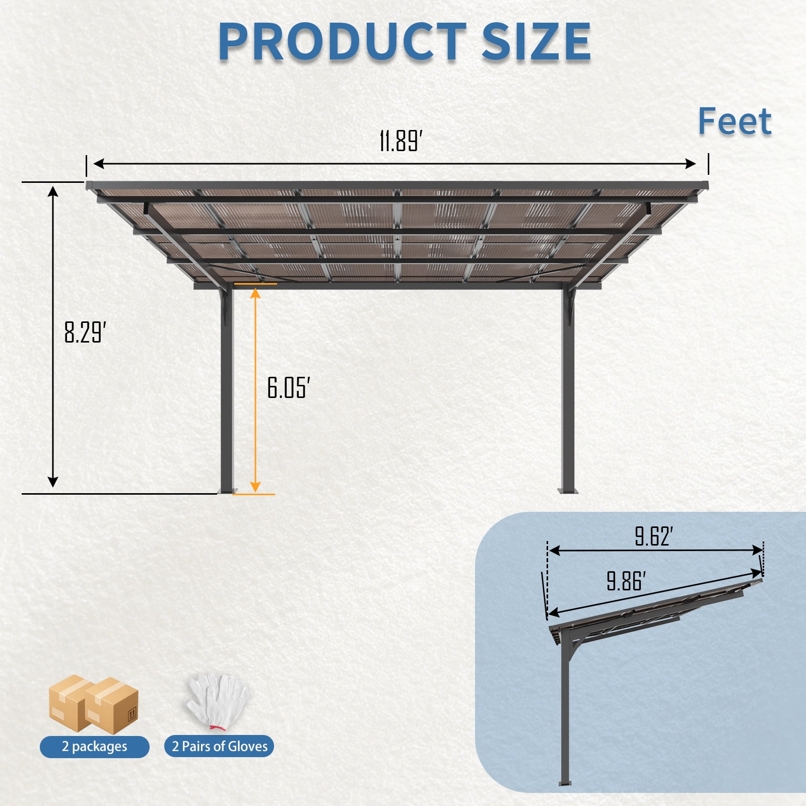 Mintazer 10x12ft Outdoor Wall-Mounted Patio Canopy, Heavy Duty Metal Awning with PC Roof, Freestanding Sun Shelter for Backyard, Bike, Grill & Patio Seating