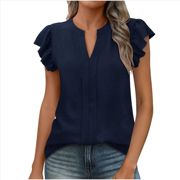 Camiseta de Corta con Cuello en V y Estampado de Hojas de para Mujer, Color Azul Marino, Talla XL