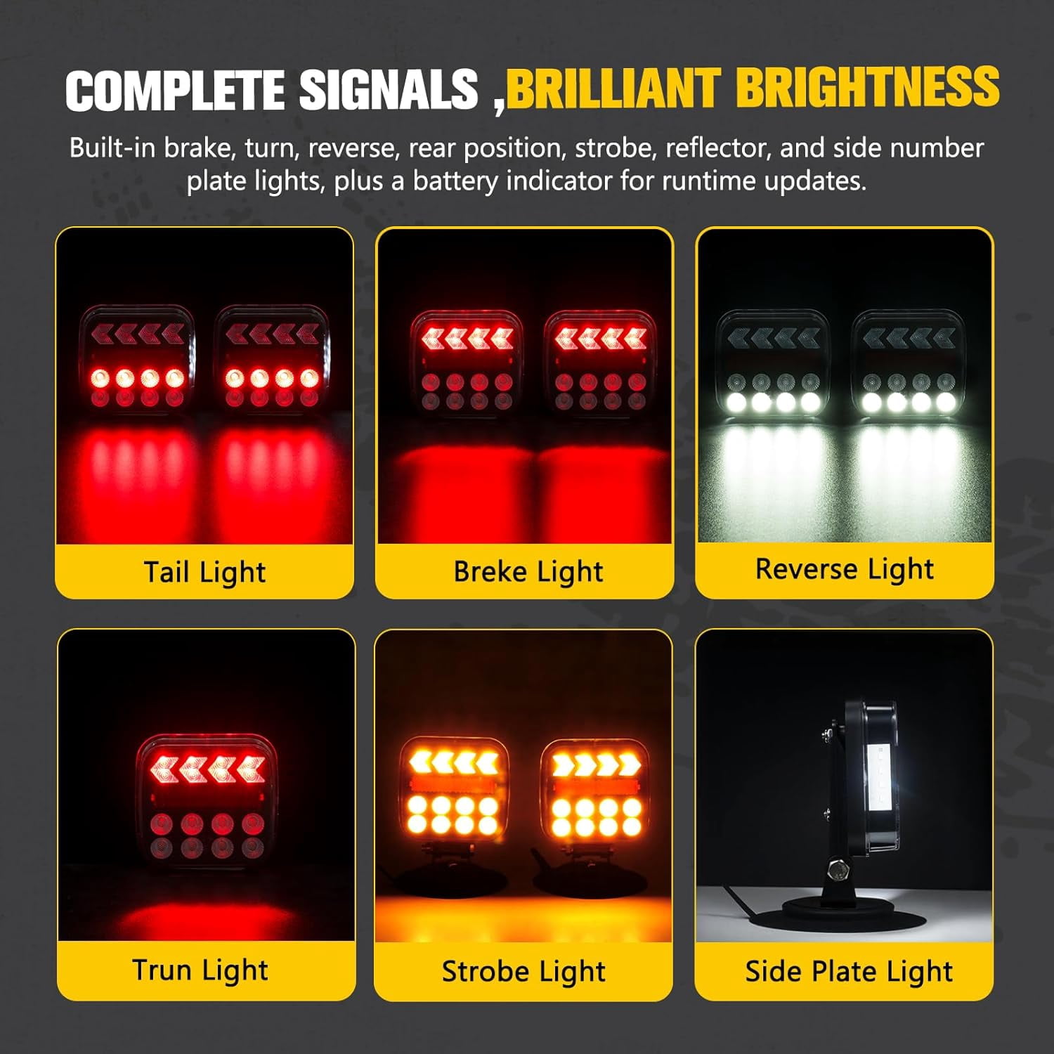 BUNKER INDUST Wireless Trailer Lights Kit, Adjustable Magnetic Towing Lights with Brake Turn Reverse Strobe Side Number Plate Light for Trucks, Boat, RV, Vehicle, Caravan