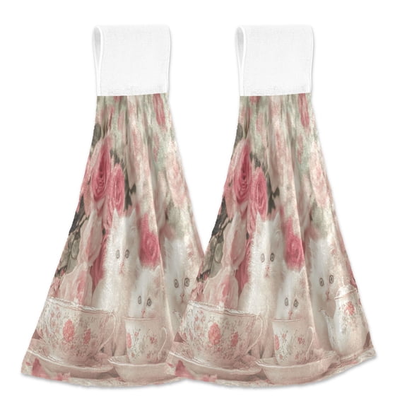 BZSMCE Hanging Hand Towels Fashion Kittens Tea Roses Pattern 2-Pack - Velcro Style Bathroom Kitchen Towels