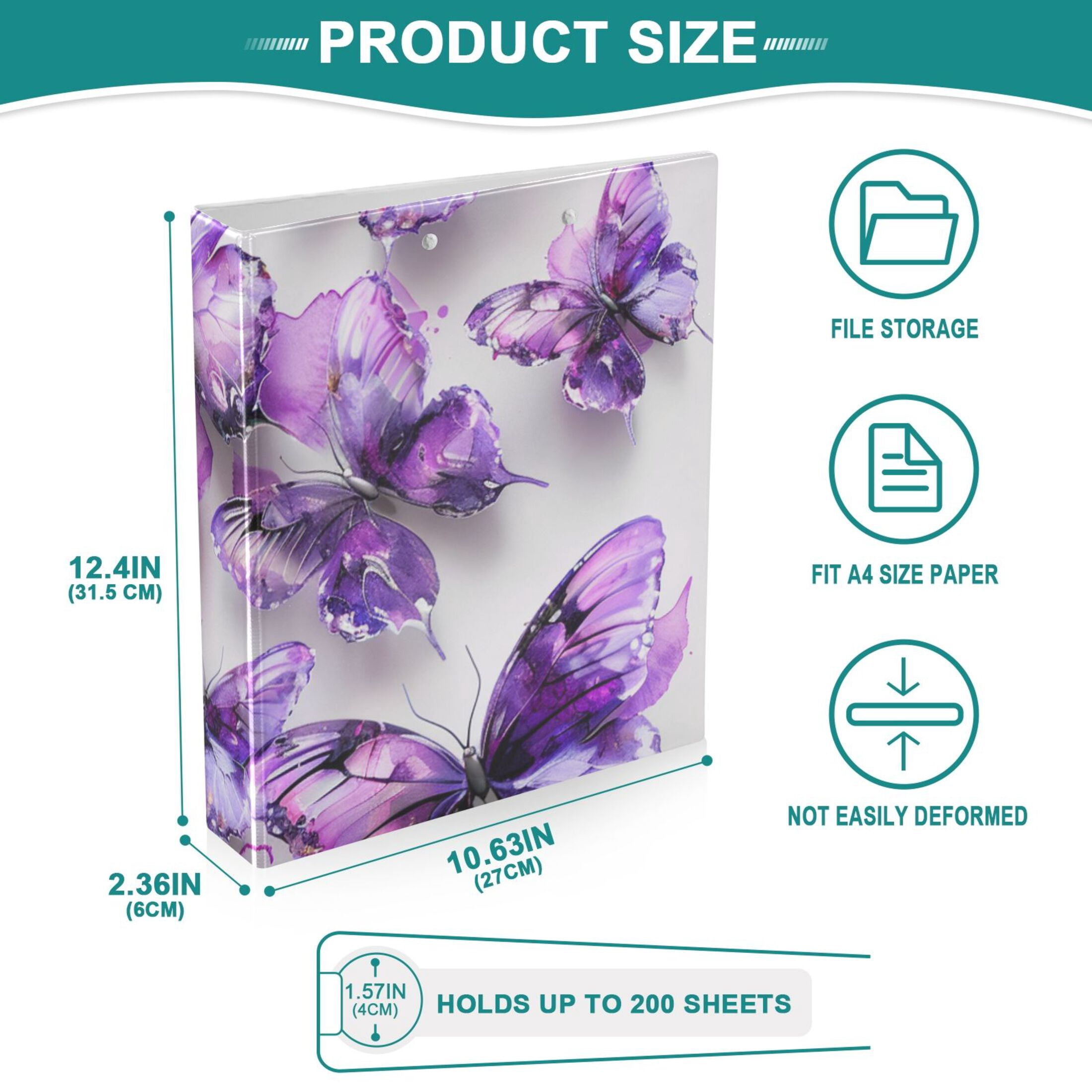 Purple Butterflies Watercolor 3 Ring Binders 1.5 inch Hardcover File Folders with Interior Pockets A4 Size Organizer for School Office Hospital