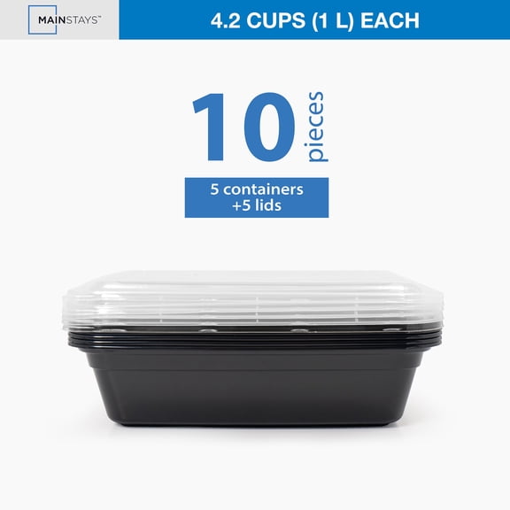 Mainstays 10-Piece (5 Containers 5 Lids) Single Compartment Meal Prep, BPA-Free, Leak-Resistant, Microwave and Dishwasher Safe