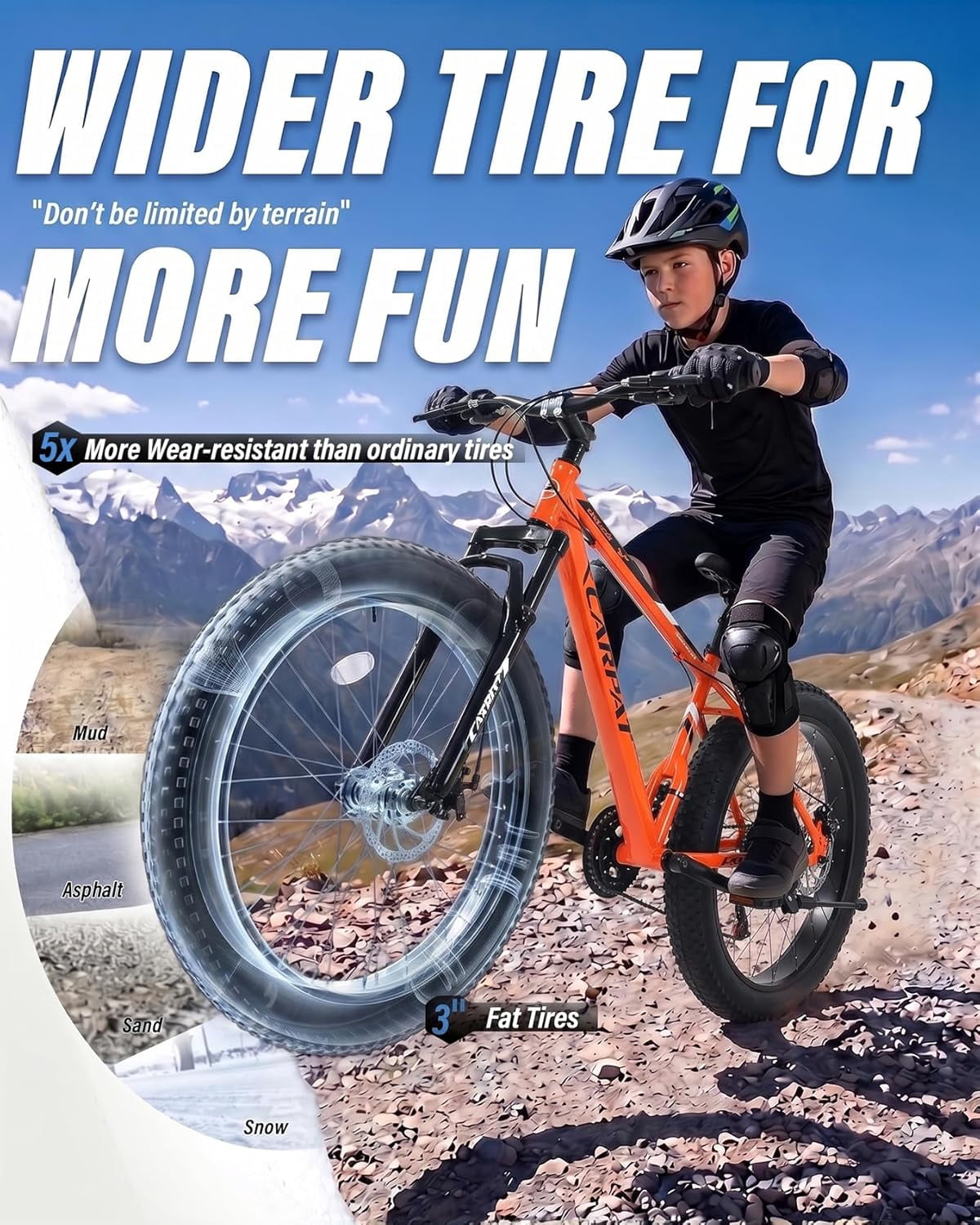 24 inch Fat Tire Mountain Bike, Outdoor Cycling Bike with 7-Speed for Boys Girls, High Carbon Steel Frame, Dual Disc Brake, Wide Tires, Suspension Fork, Anti-Slip Bikes, Orange