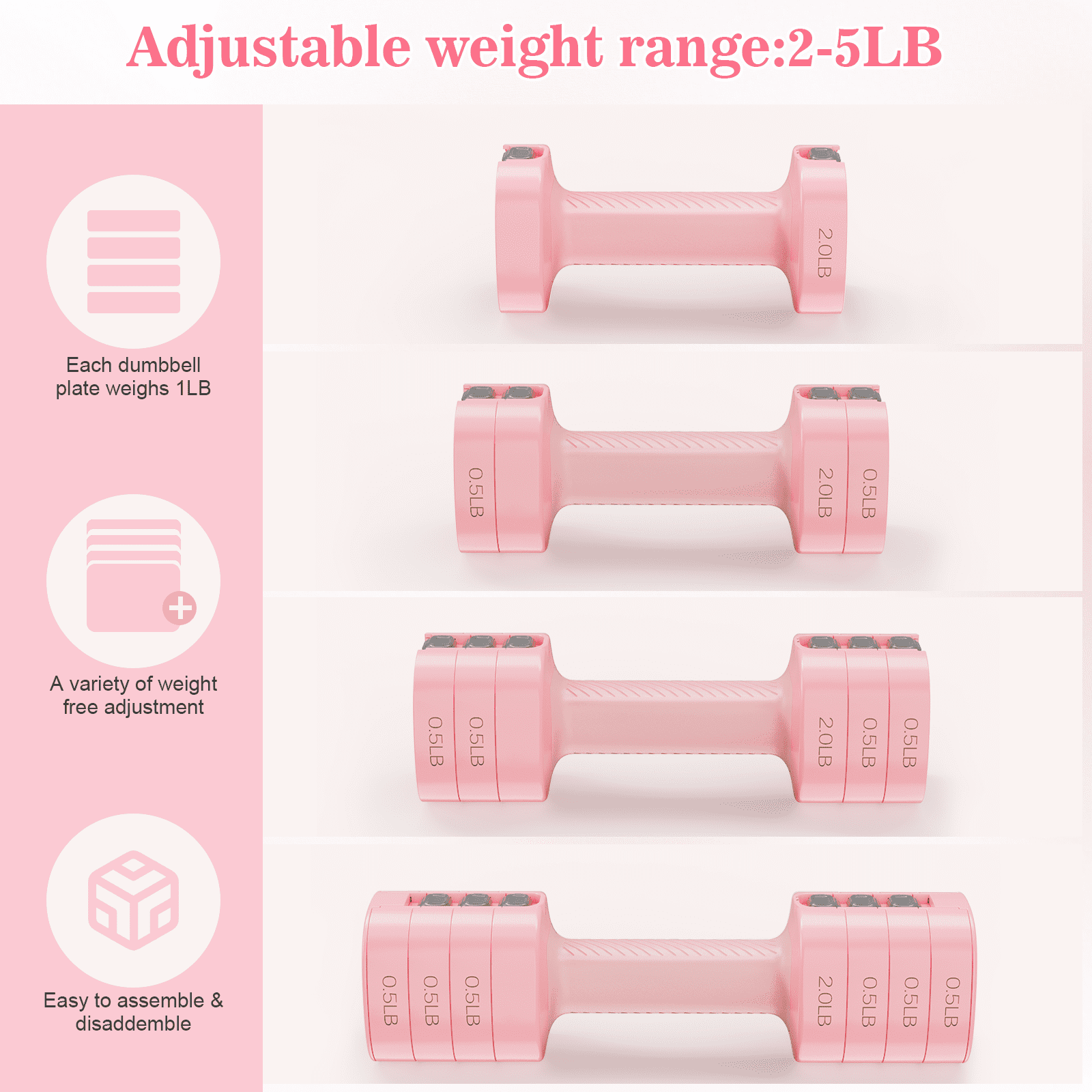 GIKPAL 5lbs*2 Adjustable Dumbbells Set, 4-in-1 Free Weights for Women, Each 2lb 3lb 4lb 5lb Hand Weights for Home Gym, Pink