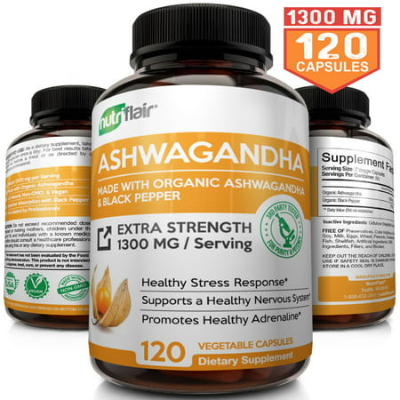 Certified Organic Ashwagandha Capsules 1300MG - 120 Vegan Pills with Black Pepper Extract - Best Root Powder Supplement - Stress & Anxiety Relief, Mood Enhancer, Energy, Adrenal and Thyroid
