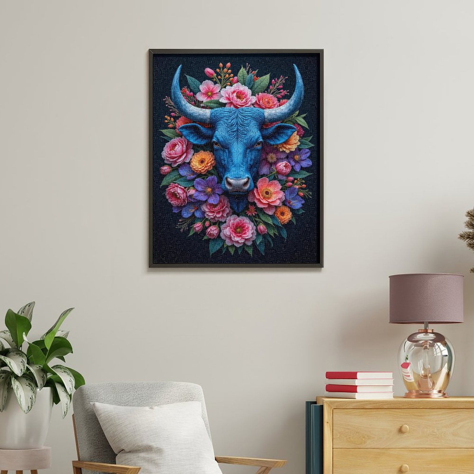 Paint By Numbers Kit for Adults Beginner - DIY Blue Bull Floral Portrait Art Canvas Painting Kits for Adults, Frameless Paint By Number for Adults for Home Wall Decor 16x20 Inch