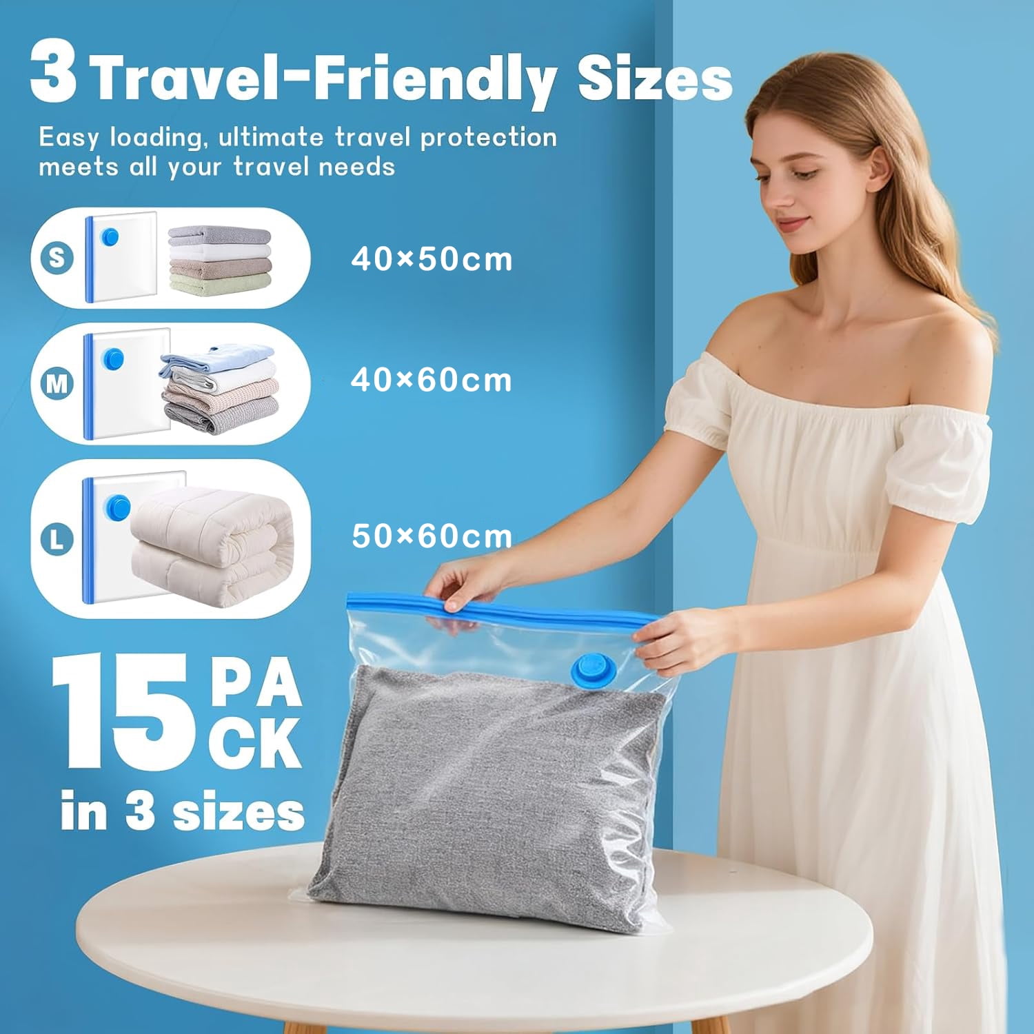 15 Pack Vacuum Storage Bags with Wireless Electric Pump, 3 Sizes for Clothes, Luggage, Blankets & Comforters