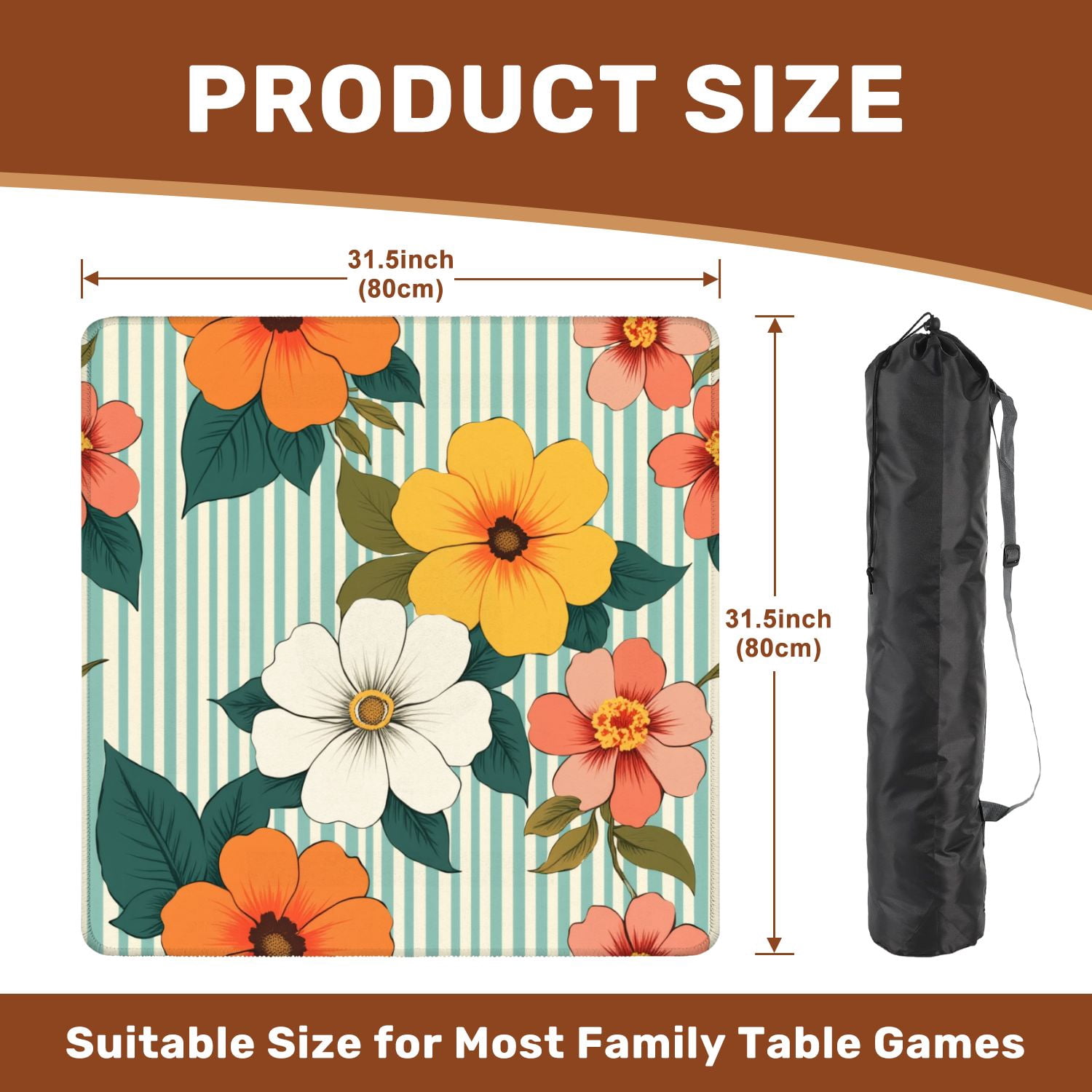Mahjong Mat 31.5" x 31.5" Bright Floral Orange Yellow White Flowers Striped Non-Slip Noise Reduction American Mahjong Tiles Table Cover for Dominoes Poker Card Board Games Gift