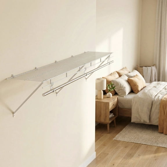 Resenkos Wall Mounted Closet Shelves with Hanging Rod, Space Saving Organizer with Airflow Design for Laundry, Bedroom, White