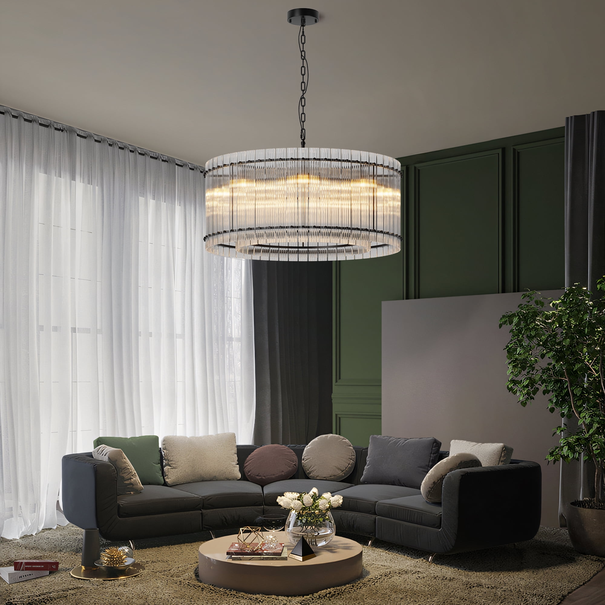 Jopath 37" Modern Round Chandelier,2-Tier 8-Light Water Ripple Crystal Glass Chandeliers,for Dining Room,Living Room,Bedroom,Foyer Entryway Black