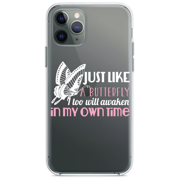 DistinctInk Clear Shockproof Hybrid Case for iPhone 13 Pro MAX (6.7" Screen) - TPU Bumper Acrylic Back Tempered Glass Screen Protector - Like a Butterfly, Awaken in My Own Time