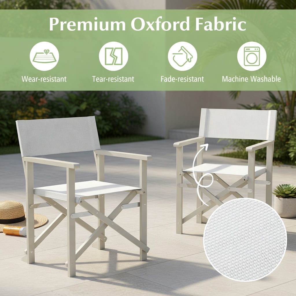 Hommoo Folding Director Chair, Off-White Oxford Fabric & Solid Acacia Wood Frame, Lightweight Outdoor Patio Chair with Machine-Washable Seat, Beige