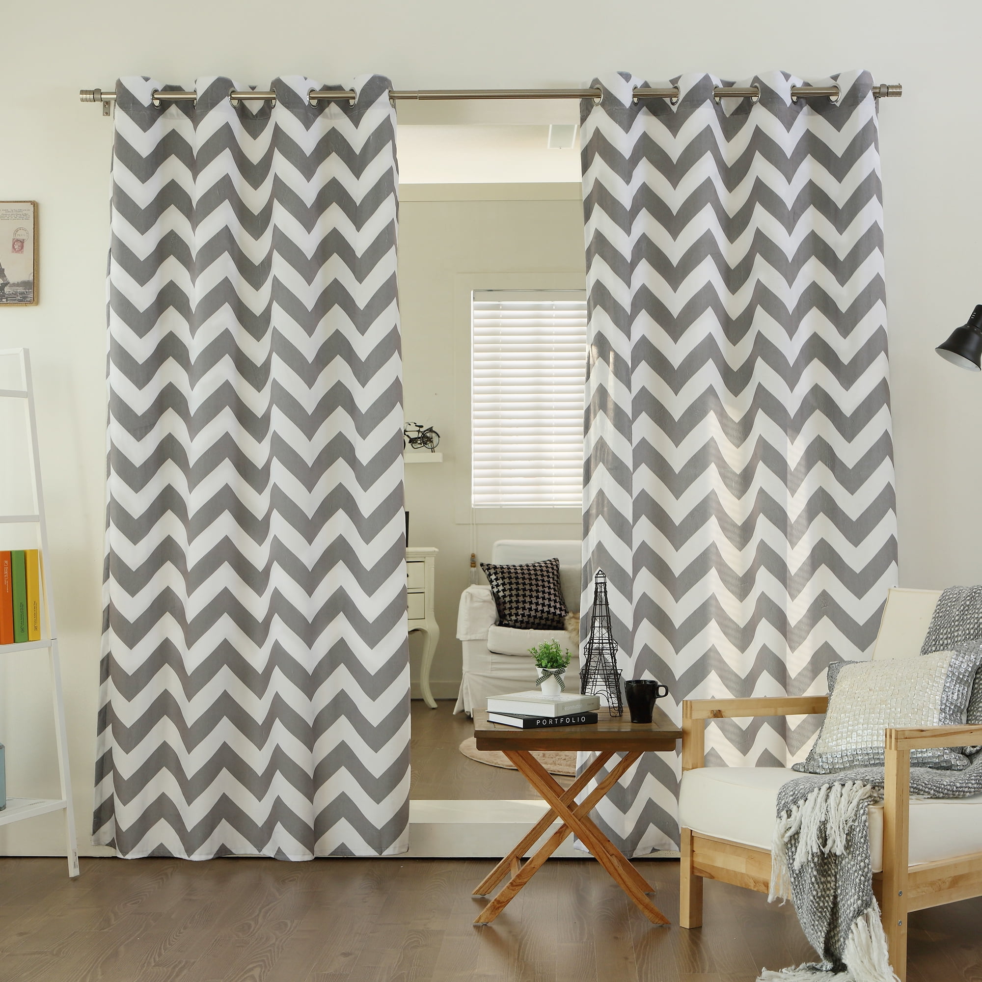 Quality Home Chevron Print Grommet Top Velvet Curtain 52" x 84" Grey (Set of 2 Panels