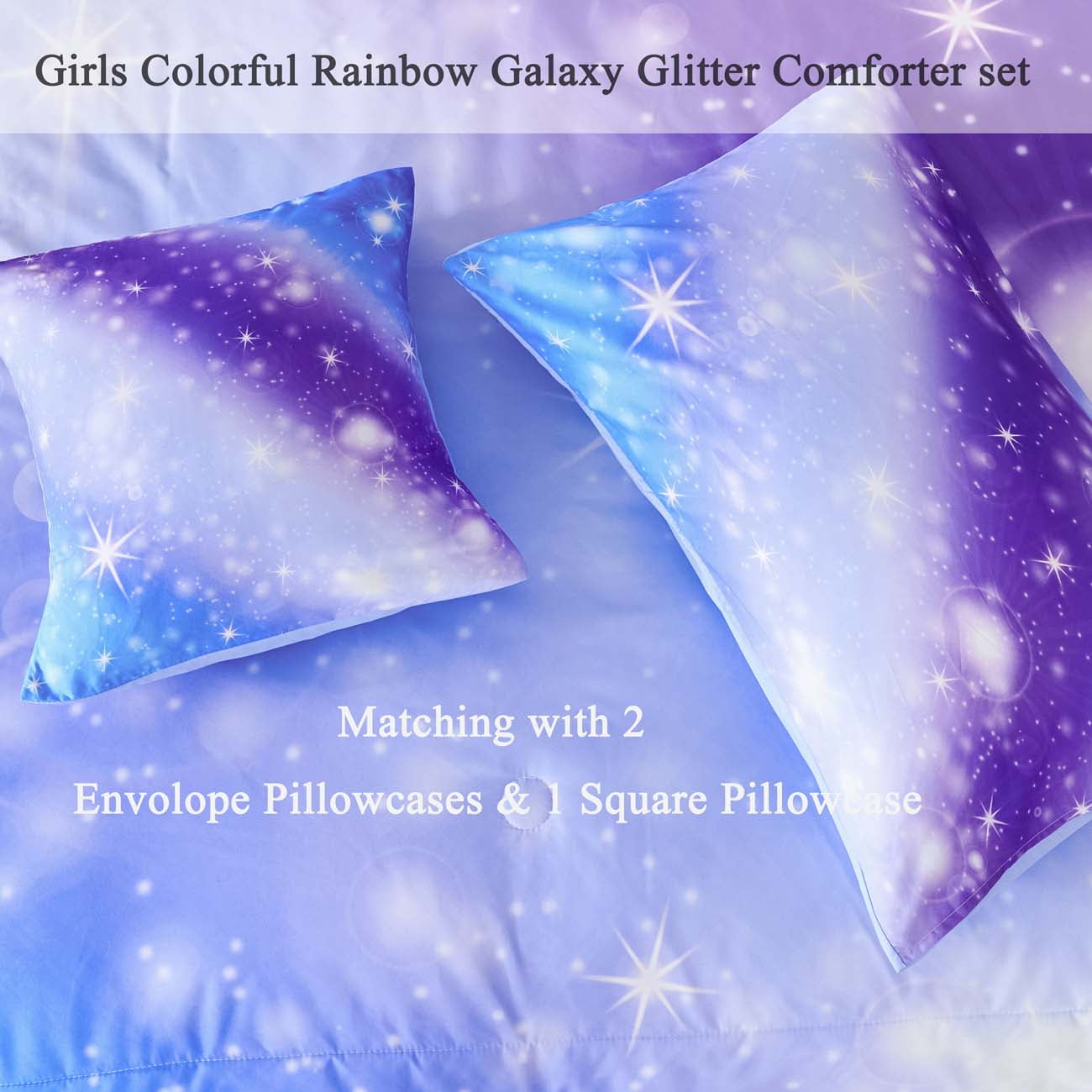 URBONUR Colorful Rainbow Galaxy Girls Comforter Set, 4Pcs Blue Gradient Glitter Bedding Set for Kids/Girls/Teens, Sparkle Galaxy Bed Comforter Set for All Season