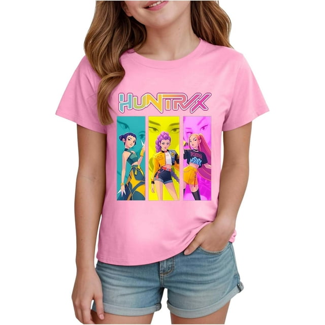 K pop Demon Chandail pour Filles, T-Shirt Graphique Mignon avec Dessin Animé, T-Shirt Tendance et Drôle, Chandail pour Enfants, Hauts Roses, Manches Courtes, Col Ras du Cou