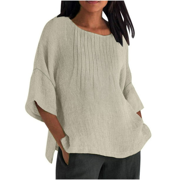 Vestidos Casuales Para Mujer, Blusas De Mujer De Moda Blusa holgada de verano para mujer, con mangas 3/4, plisada y cuello redondo, de imitación de lino