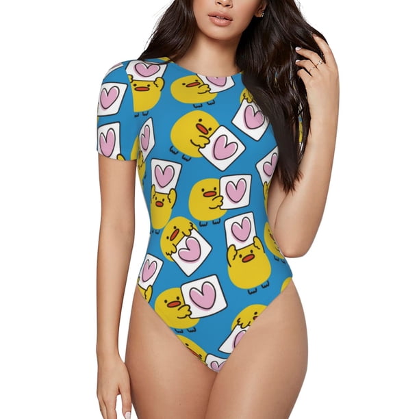 Fotbe Lovely Duck Body de Mujer con Cuello Redondo y Mangas Cortas, Sin Mangas Ajustado, Suave, Cómodo y Básico-Large
