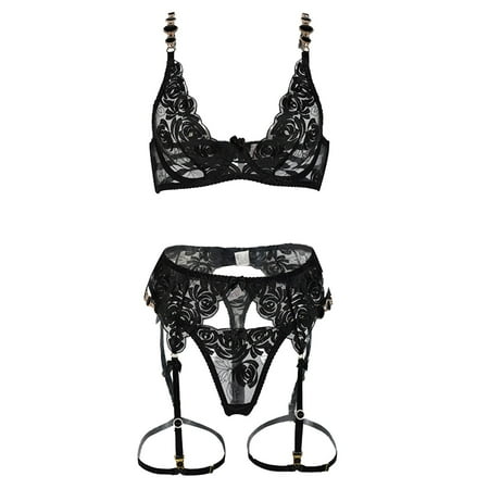 

Vedolay Womens Lingerie Naughty Women Lingerie Set 3 Piece Set with Garter Belt Lace Teddy Bodysuit Black S