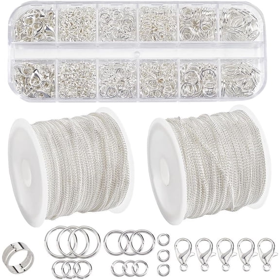 20M/65.6 Feet Jewelry Curb Chain Jewelry Chain Making Kit with Jump Rings and Lobster Clasps 2 x 1.5mm Silver Brass Oval Link Connector Kits for Jewelry Making Necklaces Bracelets DIY Crafts