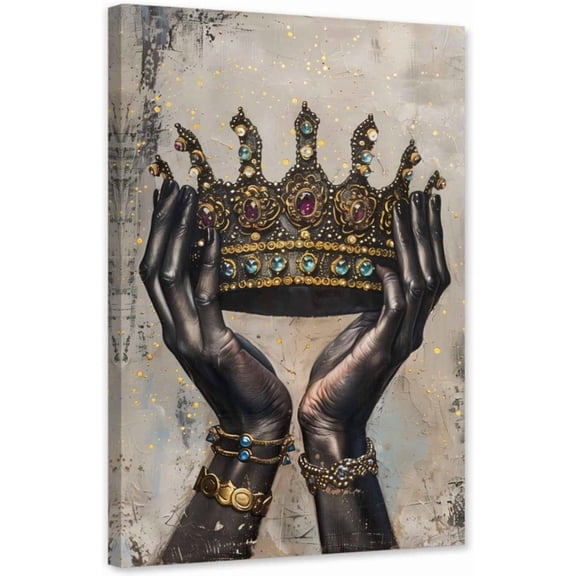 ZHONGYUTONG Crown Canvas Wall Art King Queen Pictures Golden and Black Painting African American Poster for Bedroom Decor Framed (12.00" x 18.00")