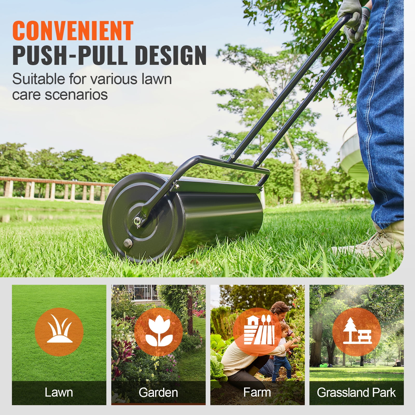 KFFKFF Lawn Roller Yard Roller 17 Gallon Sand/Water Filled Steel Sod Roller Push