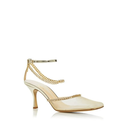 

NALEBE Womens Gold Chain Crystal Embellished Metallic Ankle Strap Padded Stellar Square Toe Stiletto Buckle Dress Pumps Shoes 40
