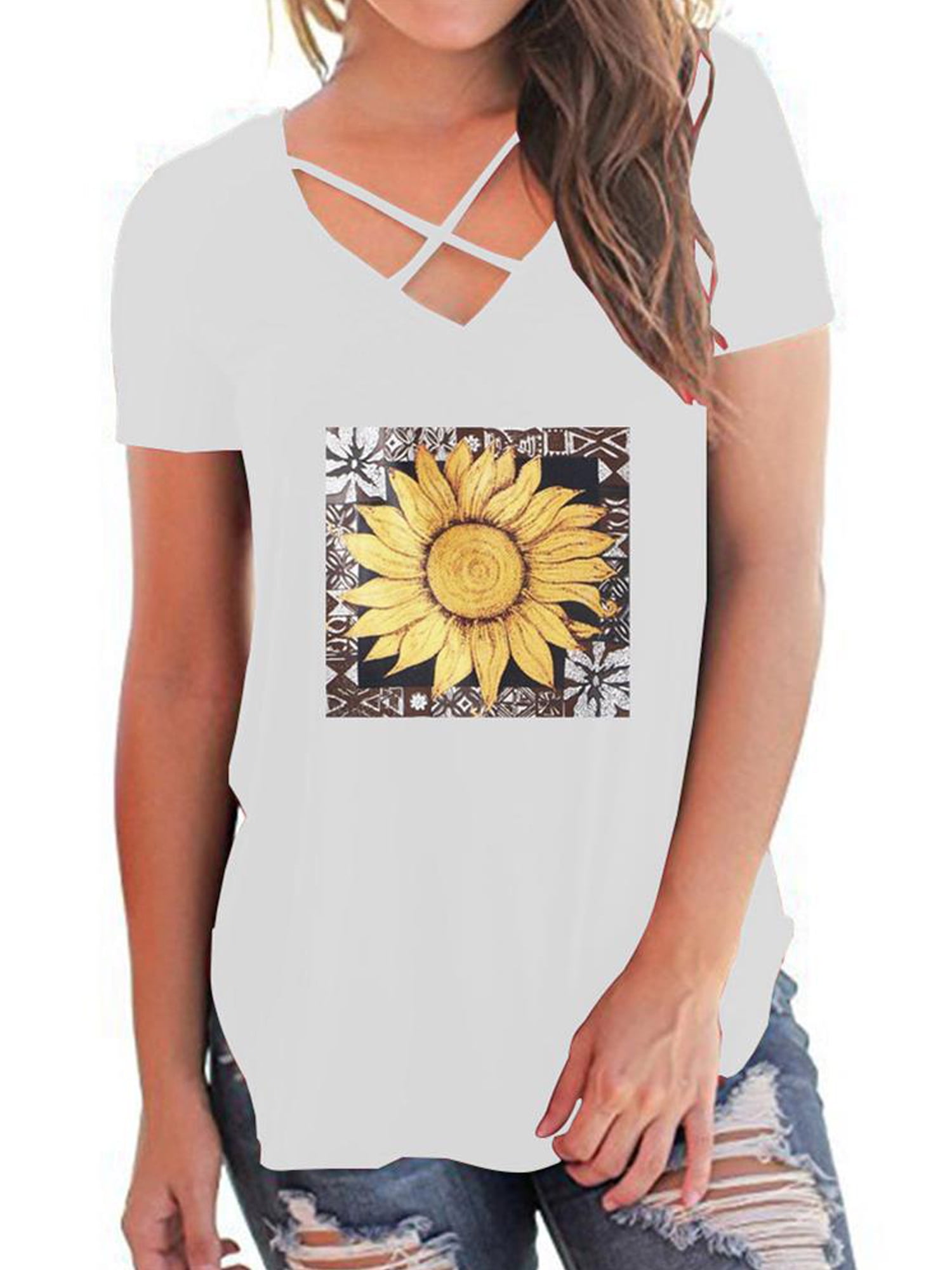 Pfysire Women V Neck Sunflower T-Shirt 