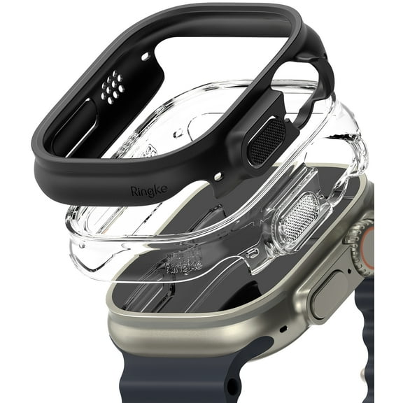 Ringke Slim [Anti-Yellowing Material / 2 Pack] Compatible with Apple Watch Ultra 2 / 1 Case for Minimalist Yet Sturdy, Solid Transparent Cover   Extra Color for Women, Men - Clear   Matte Black