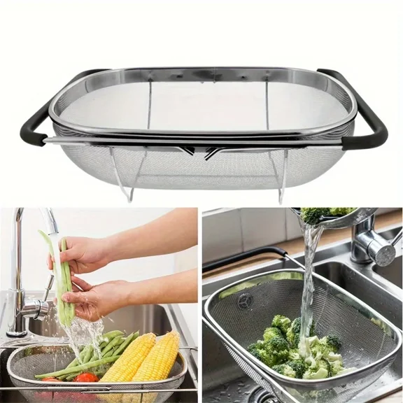 Stainless Steel Over-The-Sink Colander with Telescopic Handle, Expandable Metal Mesh Strainer Basket for Washing Fruits and Vegetables Kitchen Use