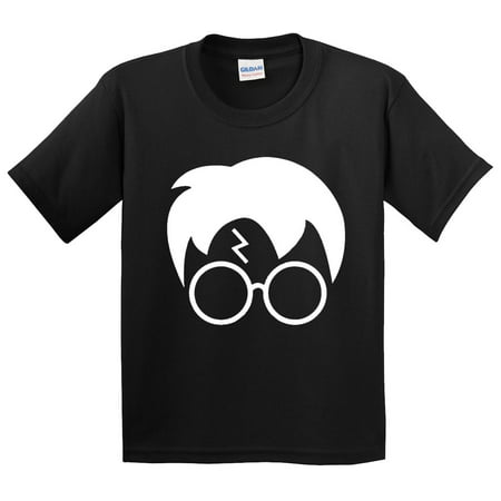 Trendy USA 843 - Youth T-Shirt Harry Potter Hair Glasses Lightning Bolt Small Black