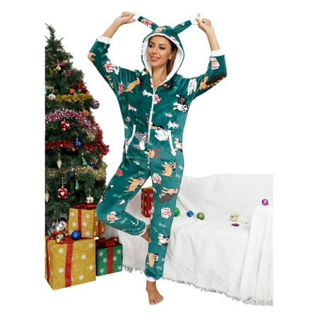 

MRULIC Clubwear Fleece Pajamas Rompers Plush Jumpsuit Women s Christmas Hooded Nightwear Pajamas Onesie Sleepwear Women s Jumpsuit Green + XXL