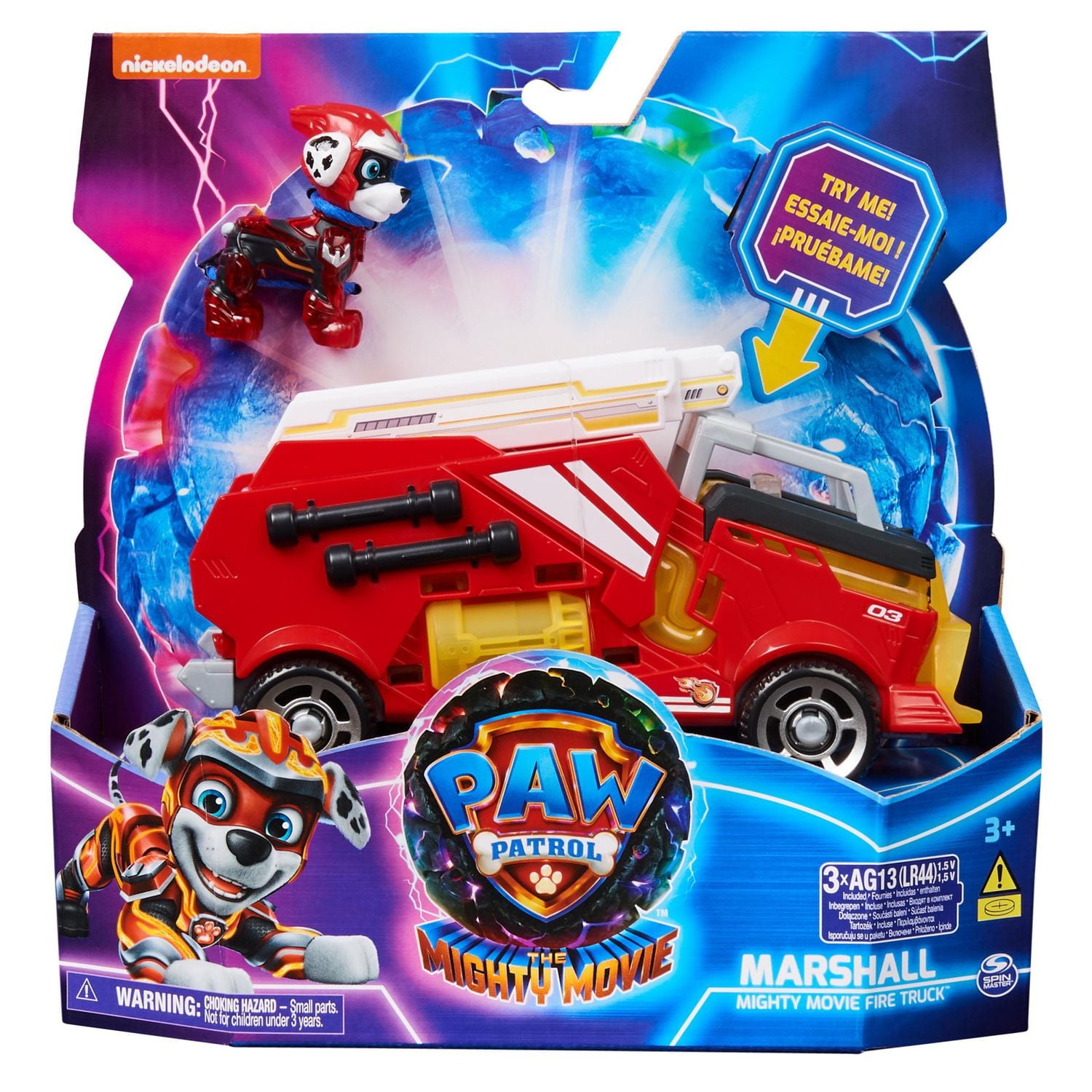 PAW Patrol: The Mighty Movie, Firetruck Toy with Marshall Mighty Pups Action Figure, Lights and Sounds, Kids Toys for Boys & Girls 3+