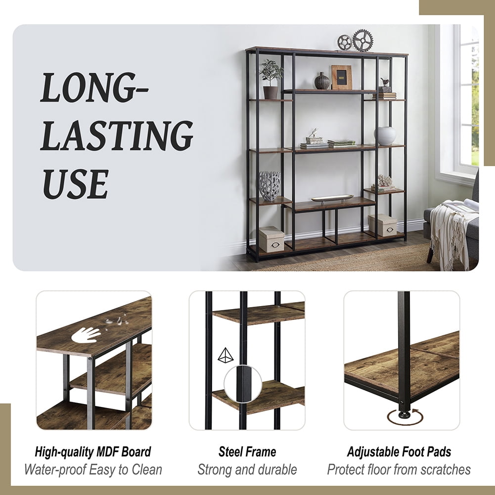 Resenkos 5 Tier Tall Industrial Bookcase Wood Metal Frame Standing Book Shelf, Display Bookshelves Storage Organizer, Tiger