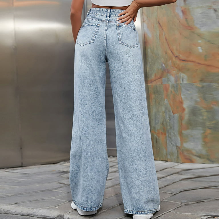 Trendy Jeans for Women Wide Leg Ripped Jean Y2k 90s Knee Distressed Denim  Long Pants High Waist Retro Trousers (Medium, Blue)