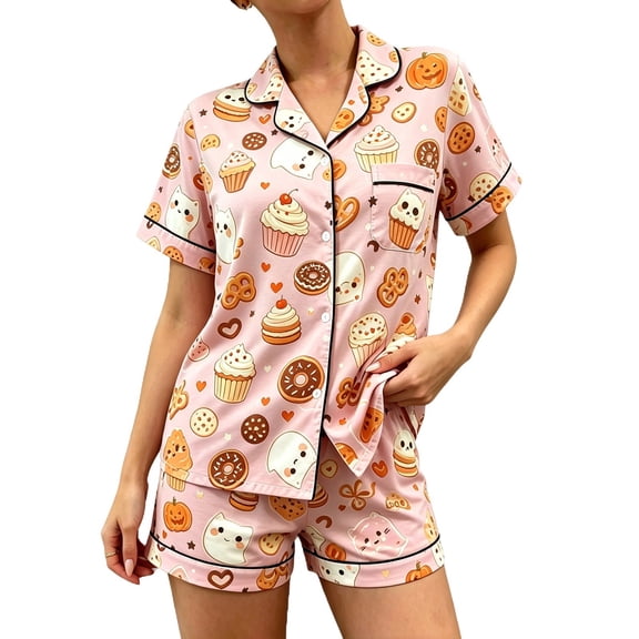 CHENge Halloween Pajamas Women Silk Satin Relaxed Fit Stretch Pumpkin Ghost Pattern Halloween Pumpkin Set Loungewear Button Down Short Sleeve Sleepwear Set
