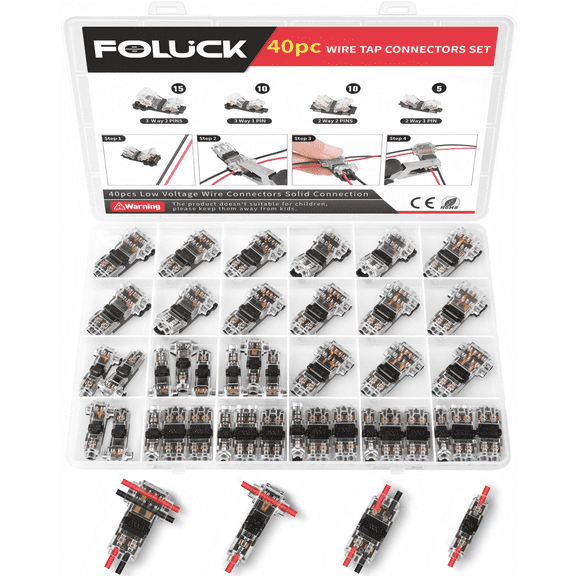 Foluck 40pc Low Voltage Wire Connectors Set, T Tap 3 Way 2 Pins 1 Pin Splice Wire Connectors 2 Way 2 Pins 1 Pin, Quick Solderless Wire Connector for Automotive, Led Strip, Landscaping, 18-24AWG
