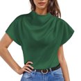 thumbnail image 2 of Pincandy Women's Round Neck Short Sleeved Left Shoulder Pleated Satin Women's Top Short Sleeved Round Neck Top,Green,2XL, 2 of 6