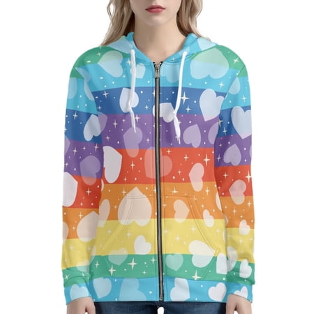 Renewold Rainbow Stripes Zipper Hoodie with Hood Women Casual Long Sleeve Sweatshirt Activewear Valentine s Day Heart Long Sleeve Recreation Jackets Size 4XL