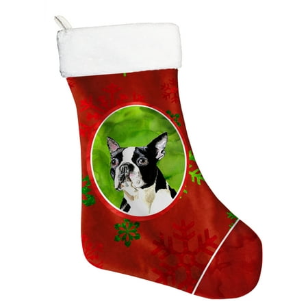Terrier Holiday Stocking - Boston Terrier Red and Green Snowflakes Holiday Christmas Stocking
