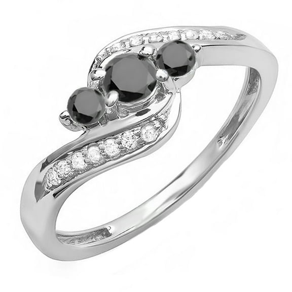 Dazzlingrock Collection 0.50 Carat (ctw) 14K Round Black & White Diamond Ladies Swirl 3 Stone Bridal Engagement Ring 1/2 CT, White Gold, Size 8.5