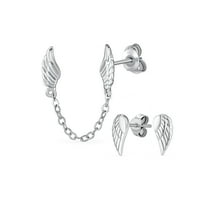 Bling Jewelry Womens Set of 2 Angel Wing Feather Stud Earrings Chain Sterling Silver Double Piercing