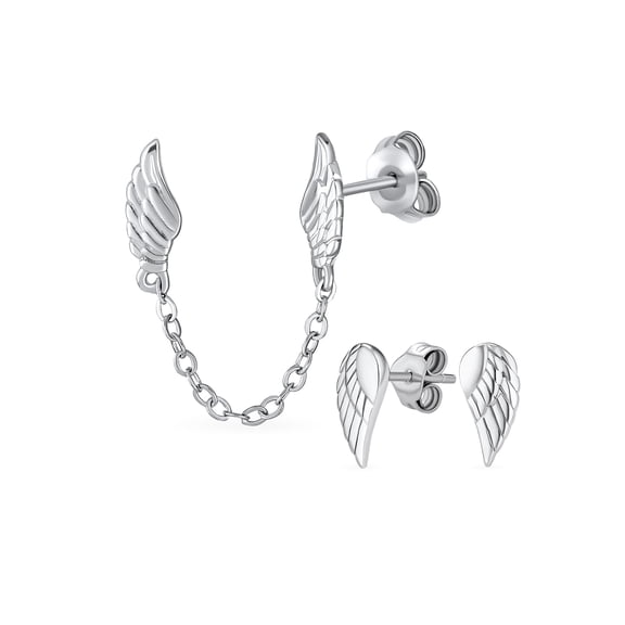 Bling Jewelry Womens Set of 2 Angel Wing Feather Stud Earrings Chain Sterling Silver Double Piercing
